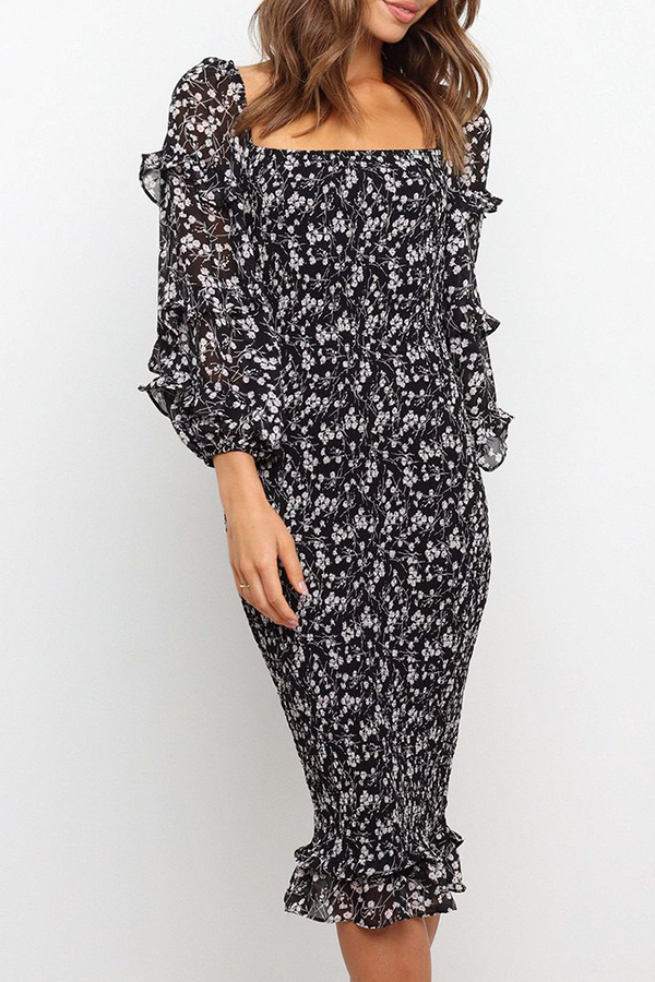 Flounce Square Collar Pencil Skirt Dresses