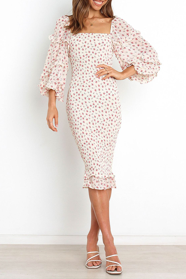 Flounce Square Collar Pencil Skirt Dresses