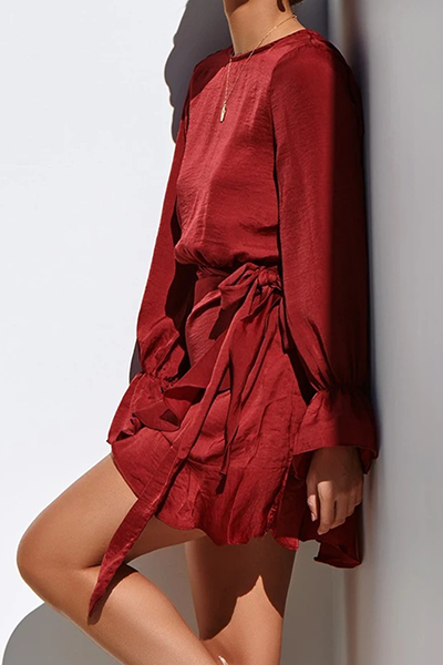 Patchwork Backless Flounce O Neck Waist Skirt Dresses