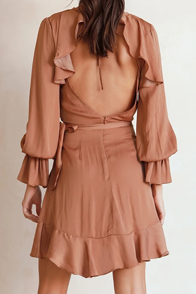 Patchwork Backless Flounce O Neck Waist Skirt Dresses