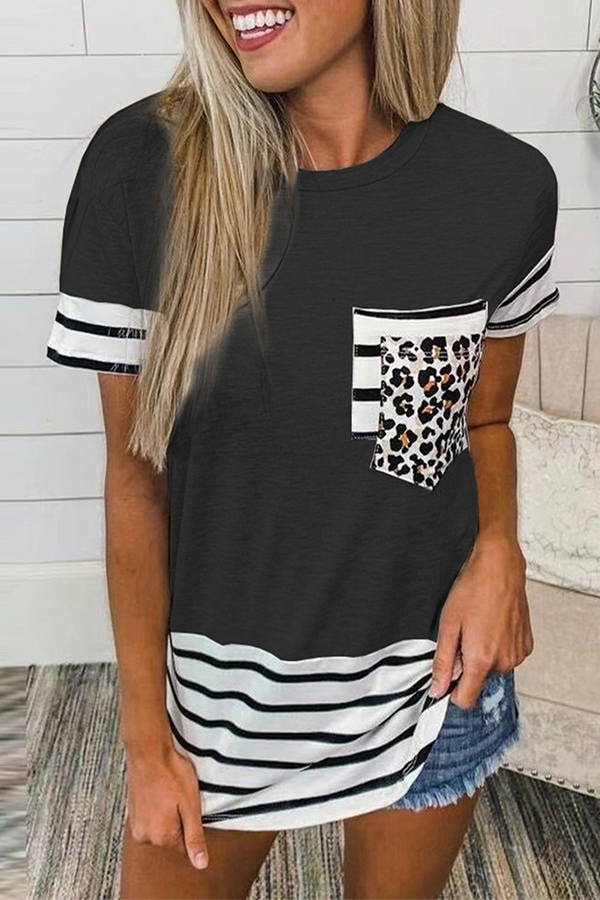 Striped Leopard Split Joint Pocket O Neck T-shirts(10 Colors)