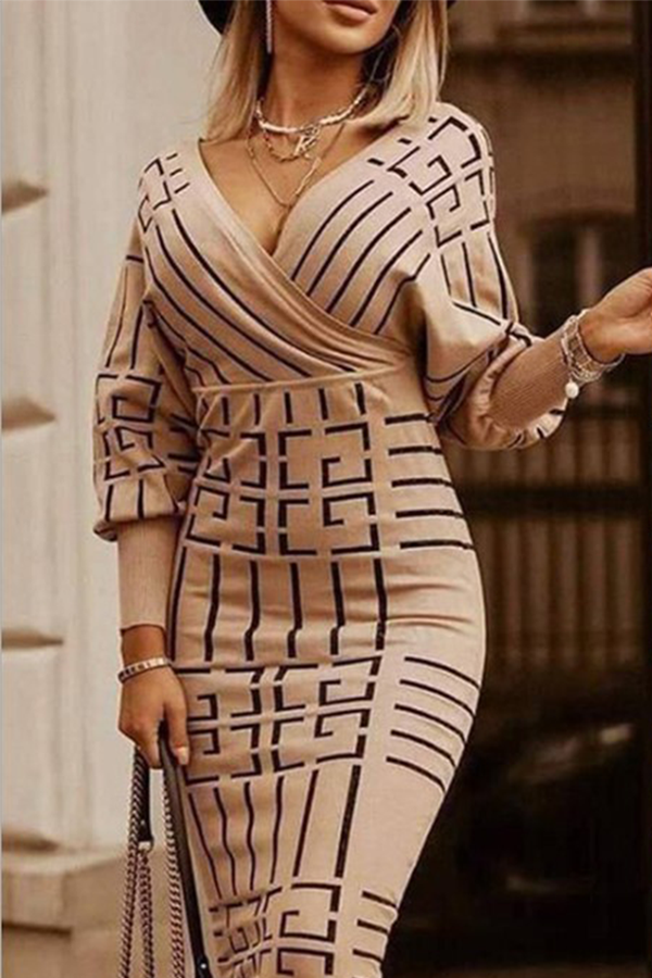 Print Patchwork V Neck Pencil Skirt Dresses(3 Colors)