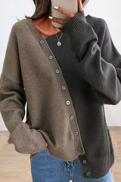 Patchwork Buckle Contrast Oblique Collar Tops Sweater