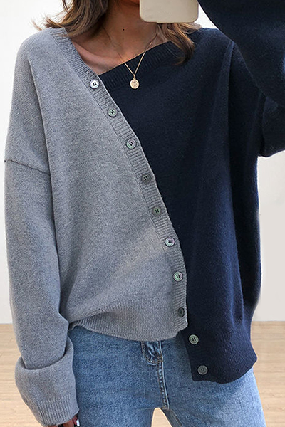 Patchwork Buckle Contrast Oblique Collar Tops Sweater