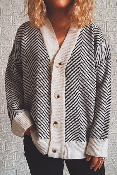 Striped Split Joint Buckle V Neck Outerwear Sweater