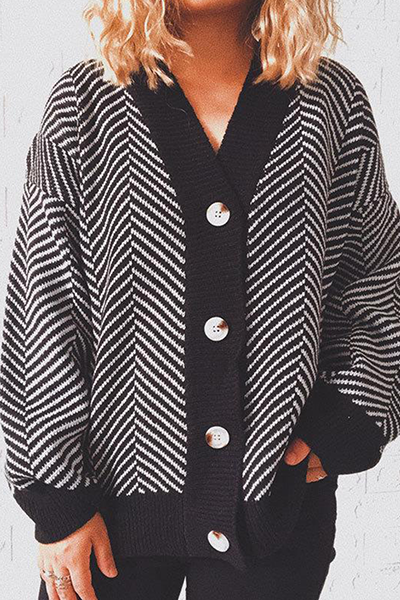 Striped Split Joint Buckle V Neck Outerwear Sweater
