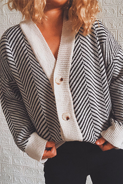 Striped Split Joint Buckle V Neck Outerwear Sweater