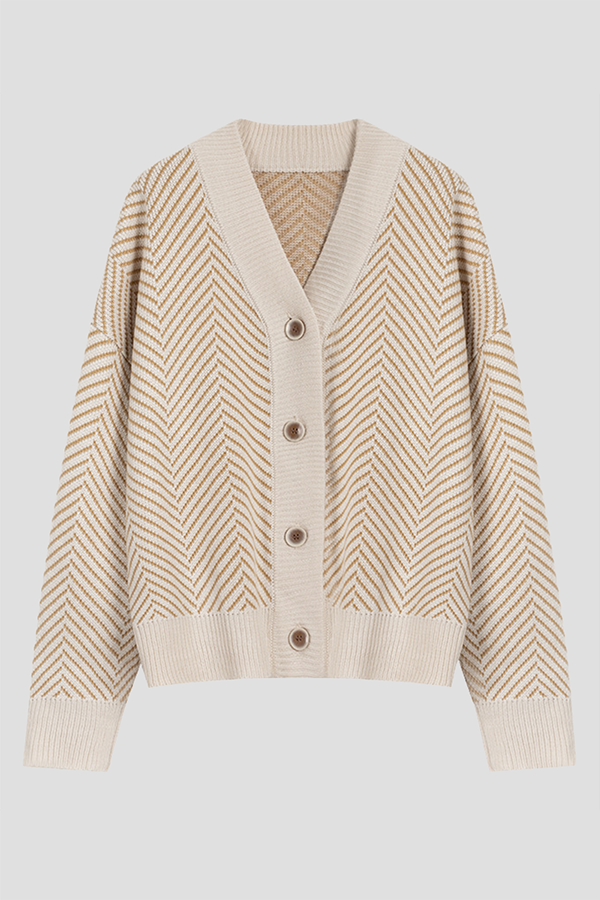 Striped Split Joint Buckle V Neck Outerwear Sweater