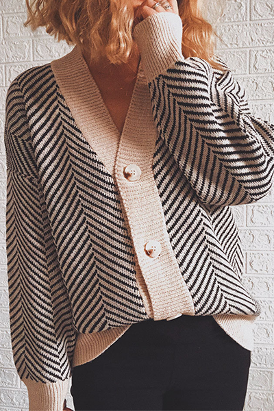 Striped Split Joint Buckle V Neck Outerwear Sweater