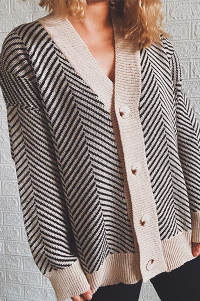 Striped Split Joint Buckle V Neck Outerwear Sweater