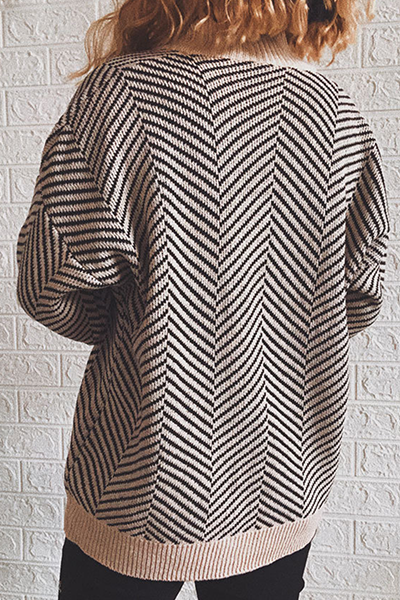 Striped Split Joint Buckle V Neck Outerwear Sweater