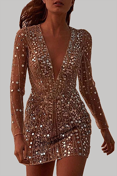 Patchwork Sequins See-through Mesh V Neck Pencil Skirt Dresses