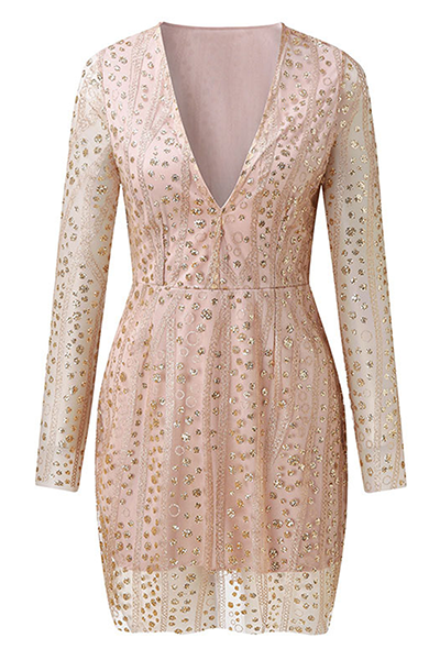 Patchwork Sequins See-through Mesh V Neck Pencil Skirt Dresses