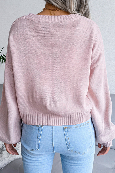 Patchwork Buckle Contrast V Neck Tops Sweater