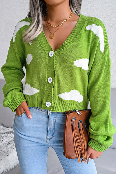 Patchwork Buckle Contrast V Neck Tops Sweater