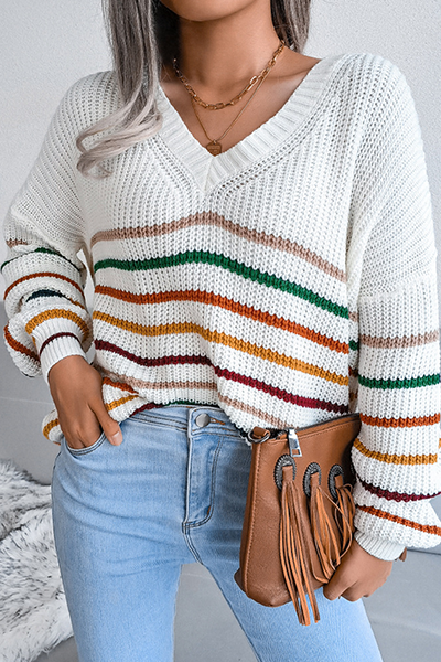 Striped Split Joint V Neck Tops Sweater