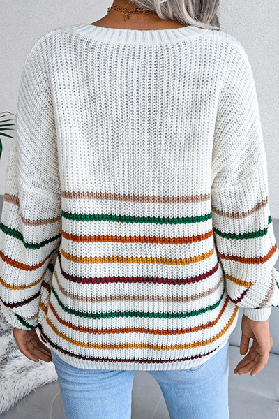 Striped Split Joint V Neck Tops Sweater