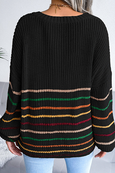 Striped Split Joint V Neck Tops Sweater