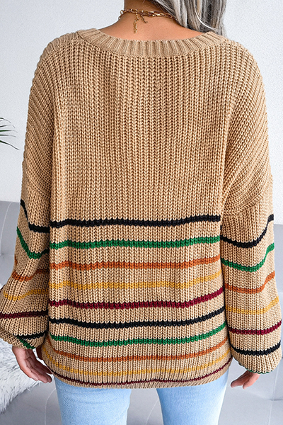 Striped Split Joint V Neck Tops Sweater