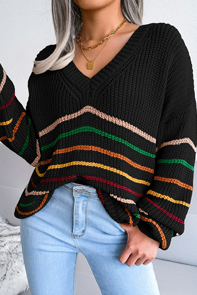 Striped Split Joint V Neck Tops Sweater