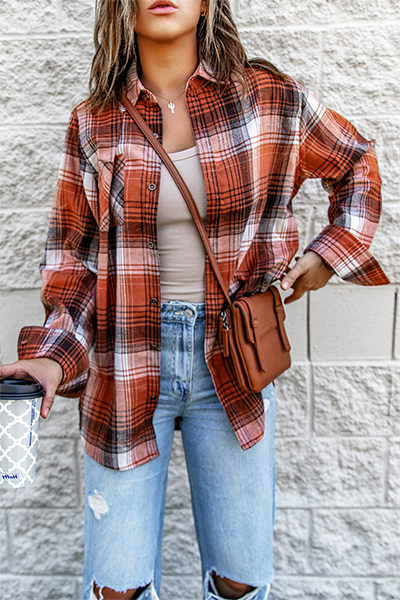 Plaid Patchwork Buckle Turndown Collar Blouses