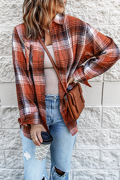 Plaid Patchwork Buckle Turndown Collar Blouses