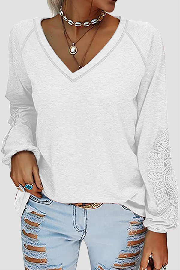 Lace Patchwork V Neck T-shirts(6 Colors)