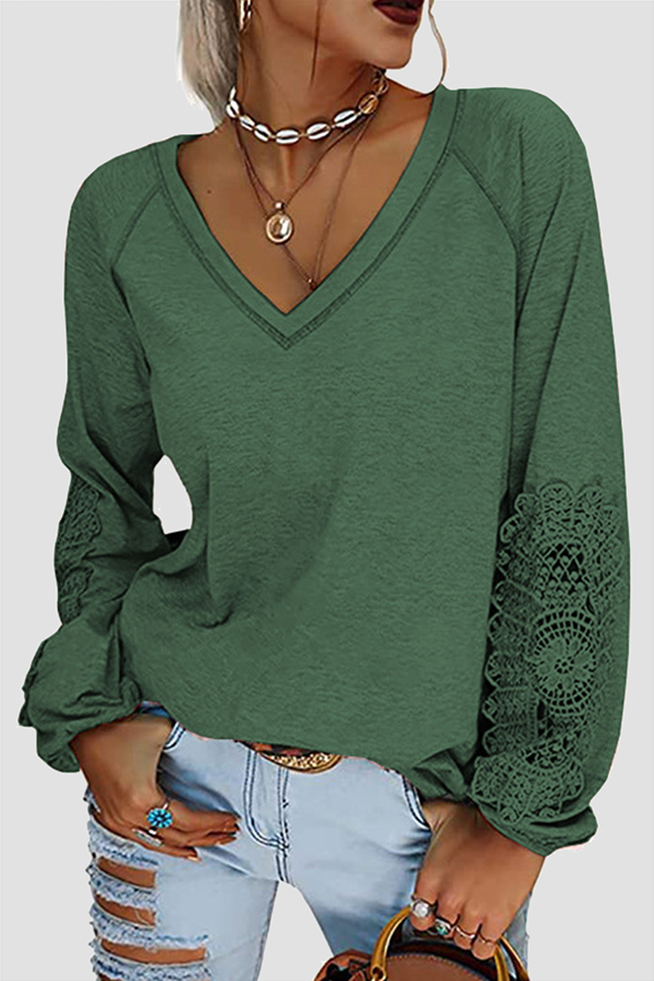 Lace Patchwork V Neck T-shirts(6 Colors)