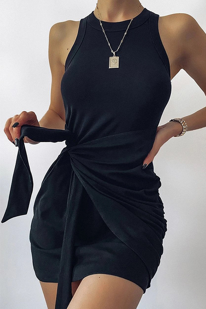 Street Fold Strap Design O Neck Pencil Skirt Dresses(7 Colors)
