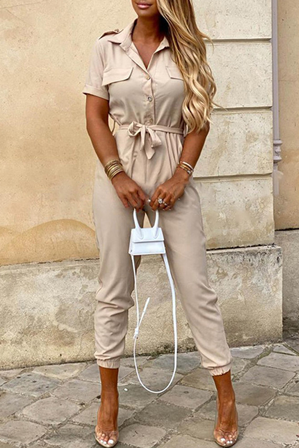 Buckle With Belt Turndown Collar Jumpsuits(12 Colors)