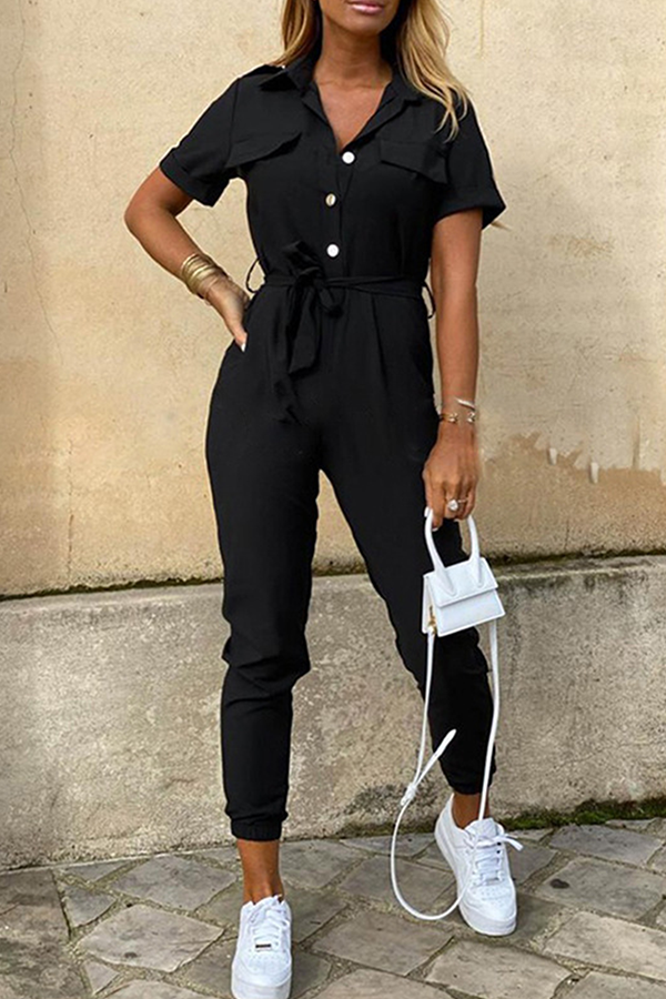 Buckle With Belt Turndown Collar Jumpsuits(12 Colors)