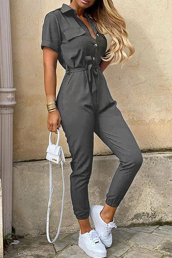 Buckle With Belt Turndown Collar Jumpsuits(12 Colors)