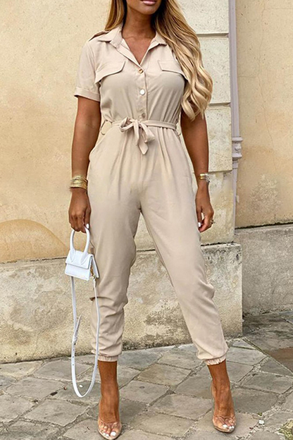 Buckle With Belt Turndown Collar Jumpsuits(12 Colors)