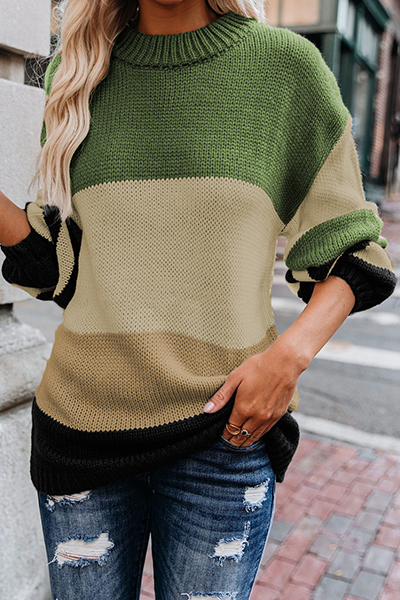 Striped Split Joint Contrast O Neck Tops Sweater
