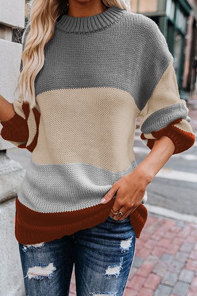 Striped Split Joint Contrast O Neck Tops Sweater