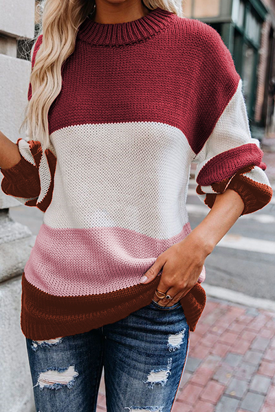 Striped Split Joint Contrast O Neck Tops Sweater