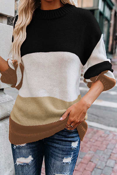 Striped Split Joint Contrast O Neck Tops Sweater