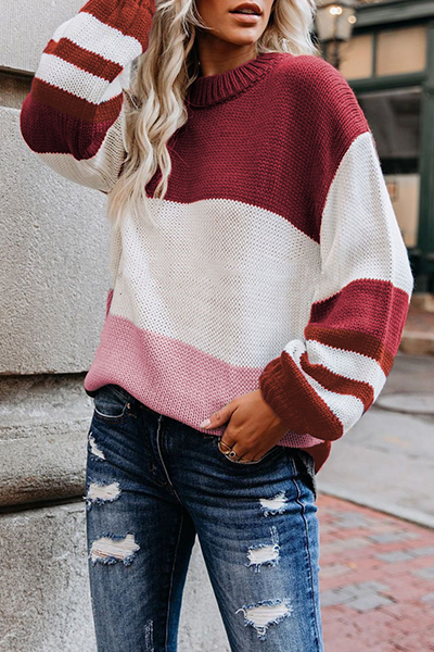Striped Split Joint Contrast O Neck Tops Sweater