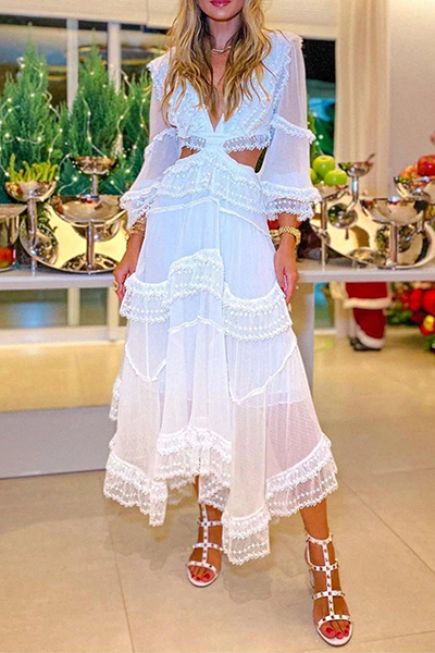 Lace Hollowed Out Flounce Mesh V Neck Waist Skirt Dresses