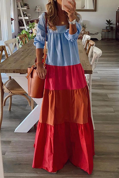 Patchwork Flounce Contrast Square Collar Cake Skirt Dresses