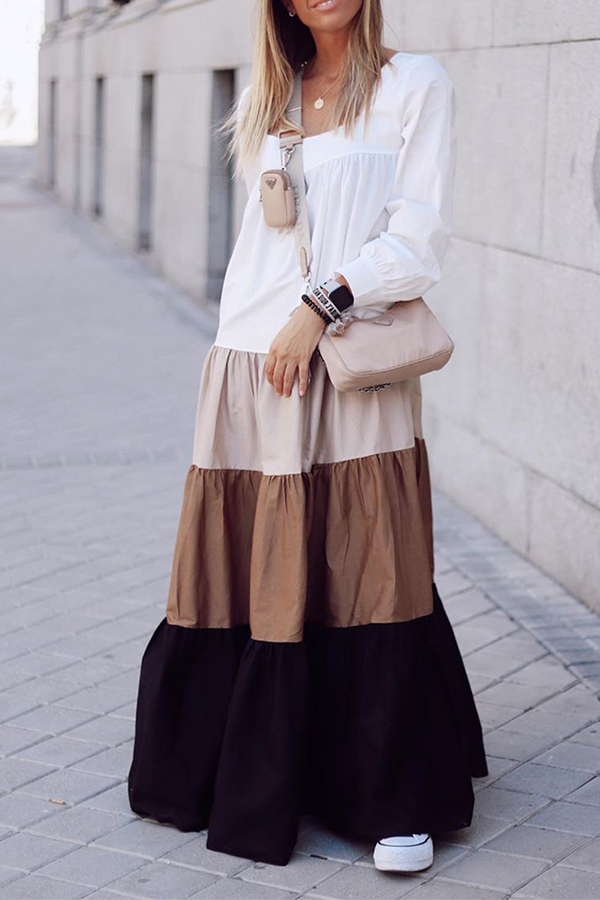 Patchwork Flounce Contrast Square Collar Cake Skirt Dresses