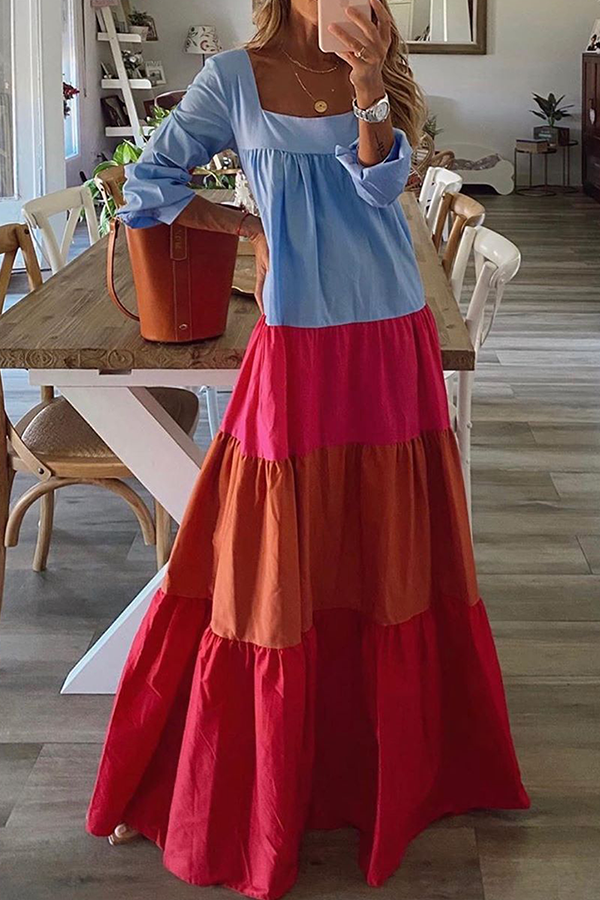 Patchwork Flounce Contrast Square Collar Cake Skirt Dresses