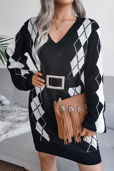 Geometric Split Joint Contrast V Neck Dresses Sweater (without Belt)