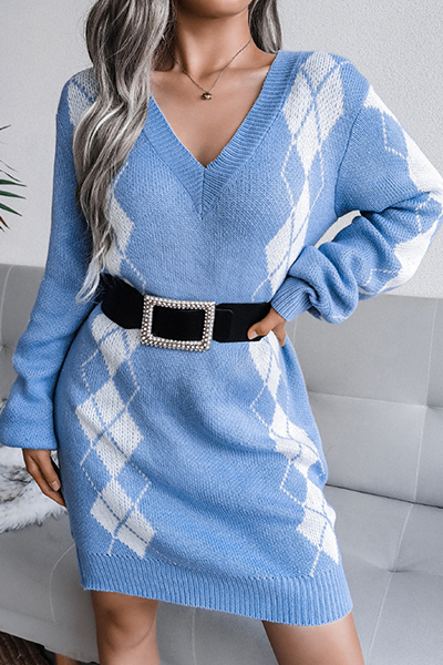 Geometric Split Joint Contrast V Neck Dresses Sweater (without Belt)
