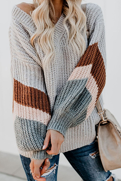 Striped Split Joint Contrast V Neck Tops Sweater