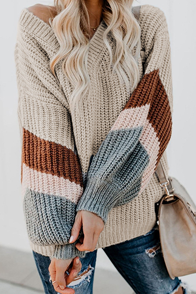 Striped Split Joint Contrast V Neck Tops Sweater