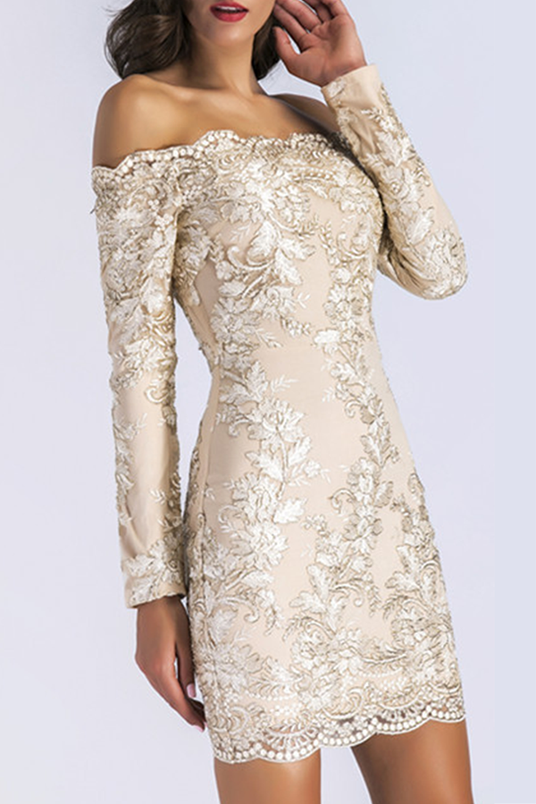 Patchwork Lace Embroidered Off the Shoulder Pencil Skirt Dresses