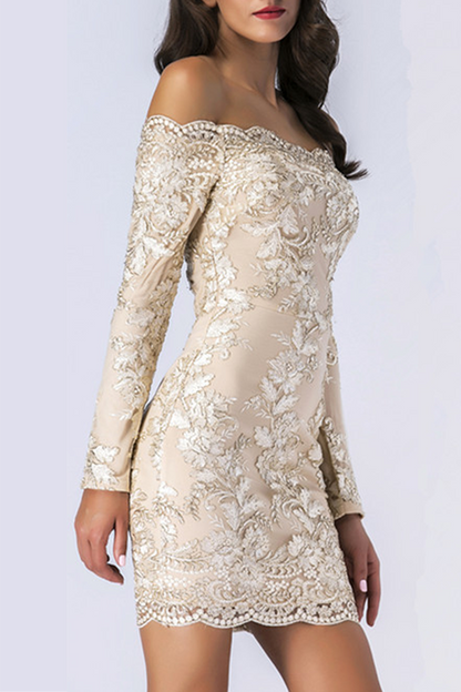 Patchwork Lace Embroidered Off the Shoulder Pencil Skirt Dresses