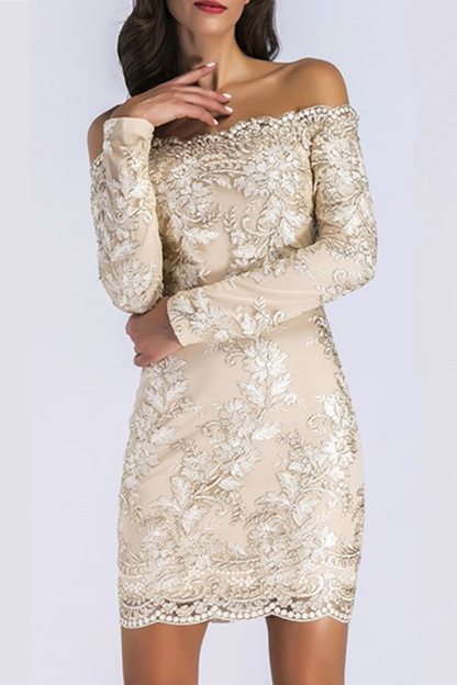 Patchwork Lace Embroidered Off the Shoulder Pencil Skirt Dresses
