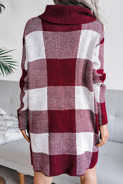Plaid Split Joint Contrast Turtleneck Pencil Skirt Dresses Sweater (without Belt)